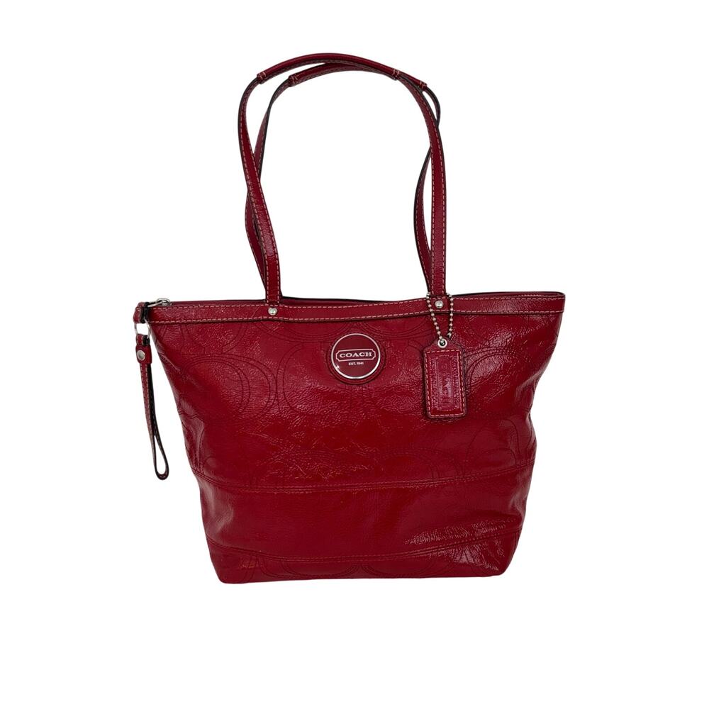 Coach Signature Stitch Tote Shoulder Bag Red Patent Leather Dual Shoulder F15142